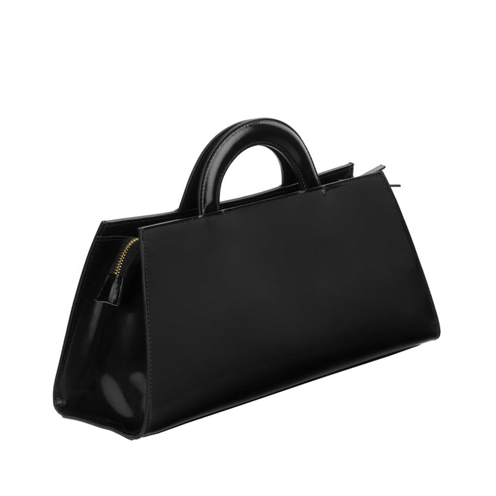Sleek black leather handbag with handles and zippered closure
