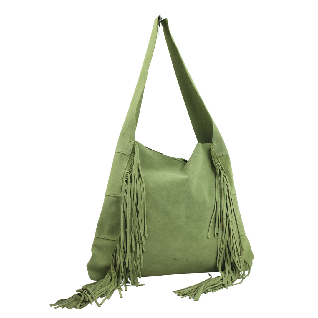 Green suede tote bag with fringe detailing and long shoulder strap