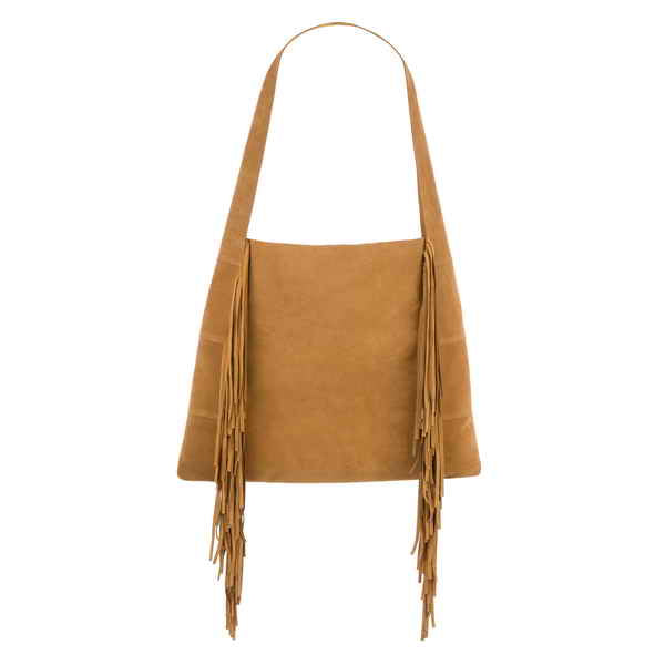 Tan suede shoulder bag with fringe detailing