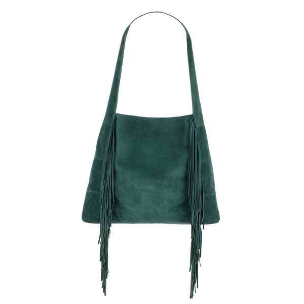 Green suede shoulder bag with fringe detailing