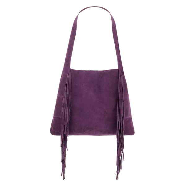 Purple suede handbag with fringe detail and shoulder strap