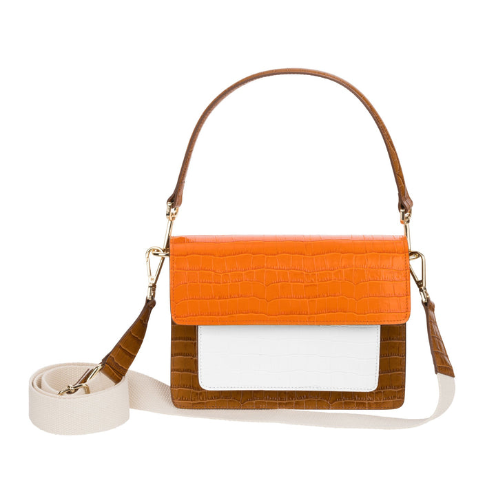 Cassandra - Shoulder and crossbody handle bag Tan/White/Orange crocodile