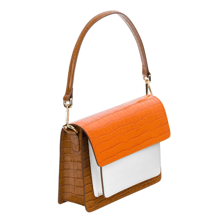 Cassandra - Shoulder and crossbody handle bag Tan/White/Orange crocodile