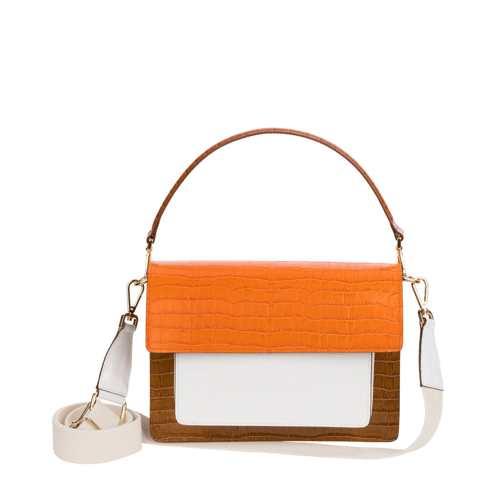 Orange, brown, and white textured leather crossbody handbag with adjustable strap