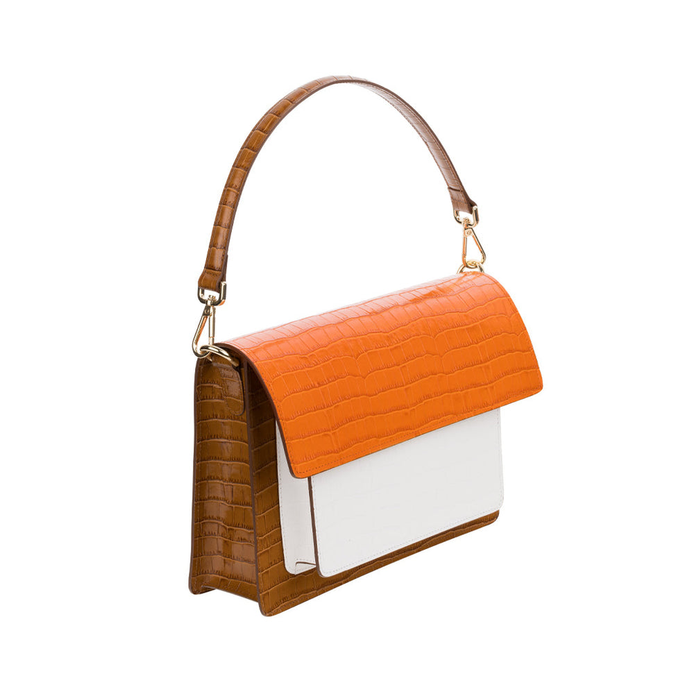 Elegant orange and brown crocodile-pattern leather handbag with white accent flap