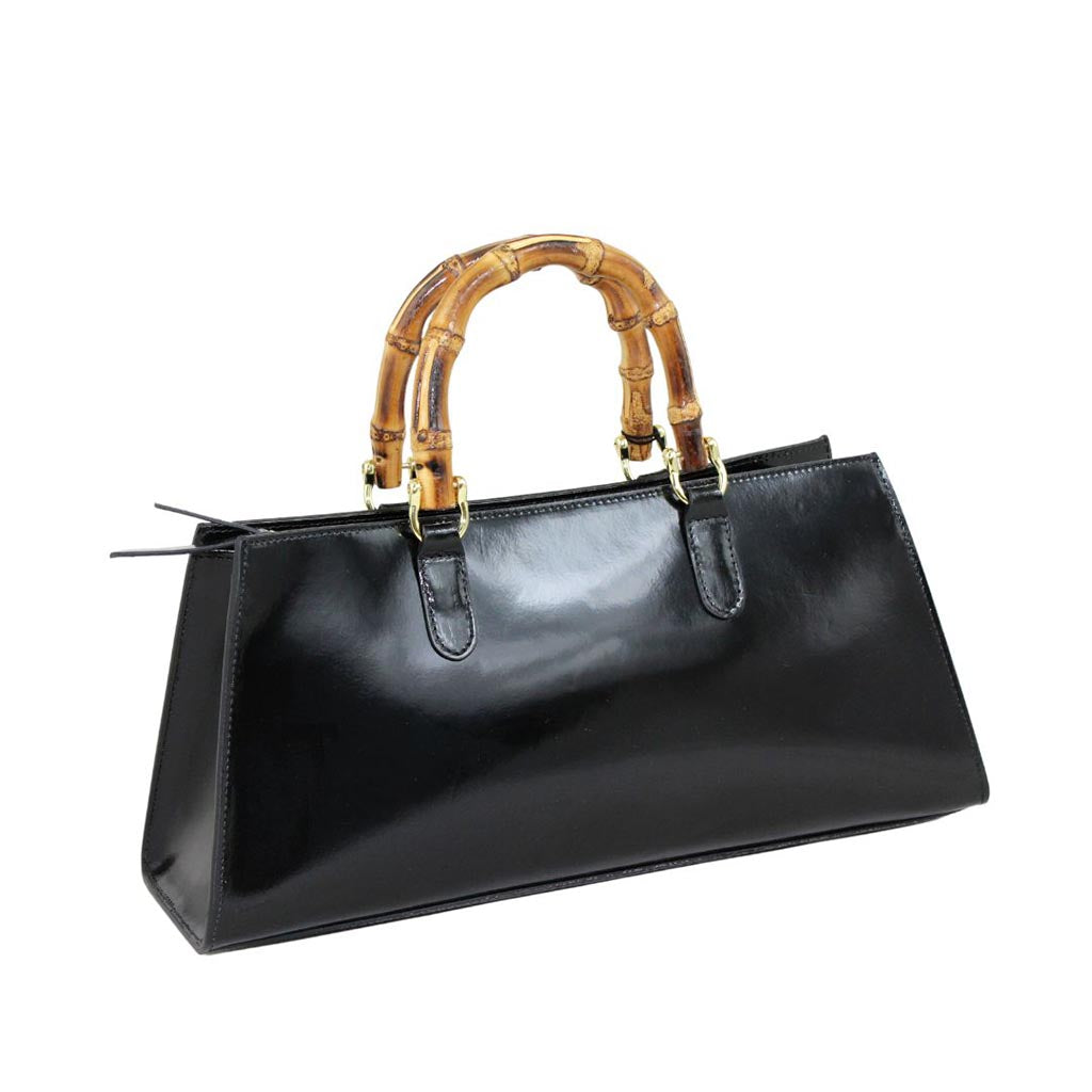 Elegant black leather handbag with bamboo handles