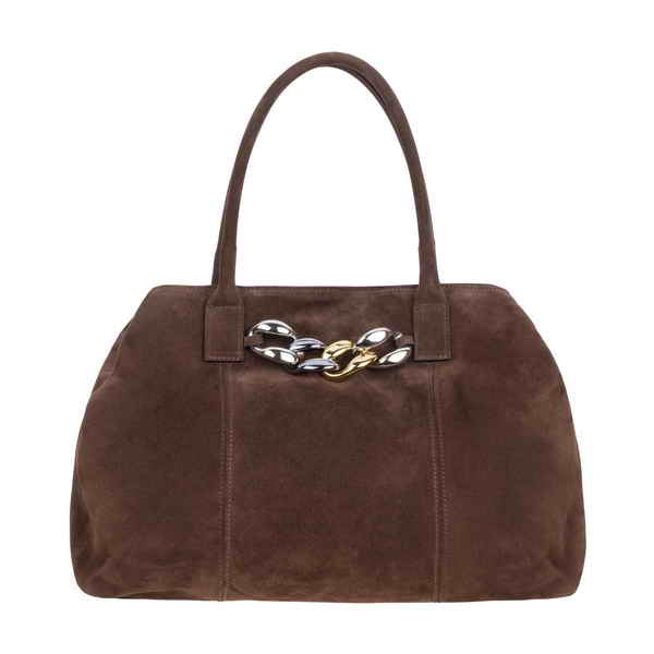 Brown leather handbag with large chain detail and dual handles