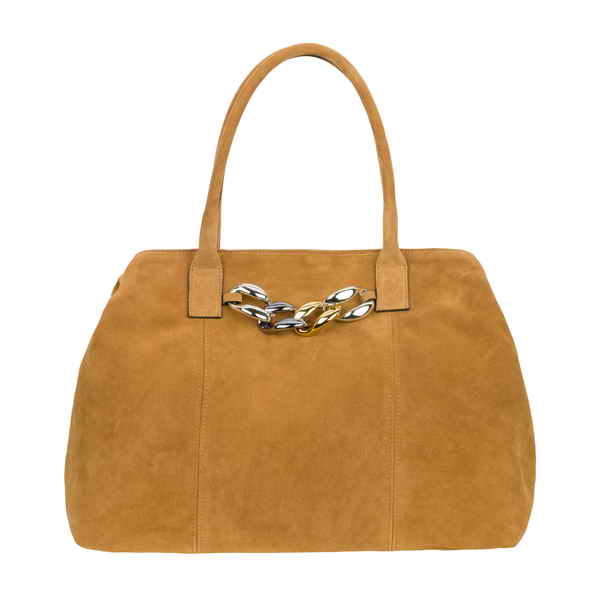 Tan suede handbag with dual handles and chain detail