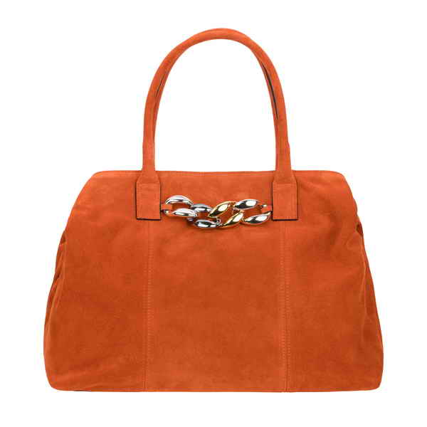 Orange suede handbag with gold and silver chain detail