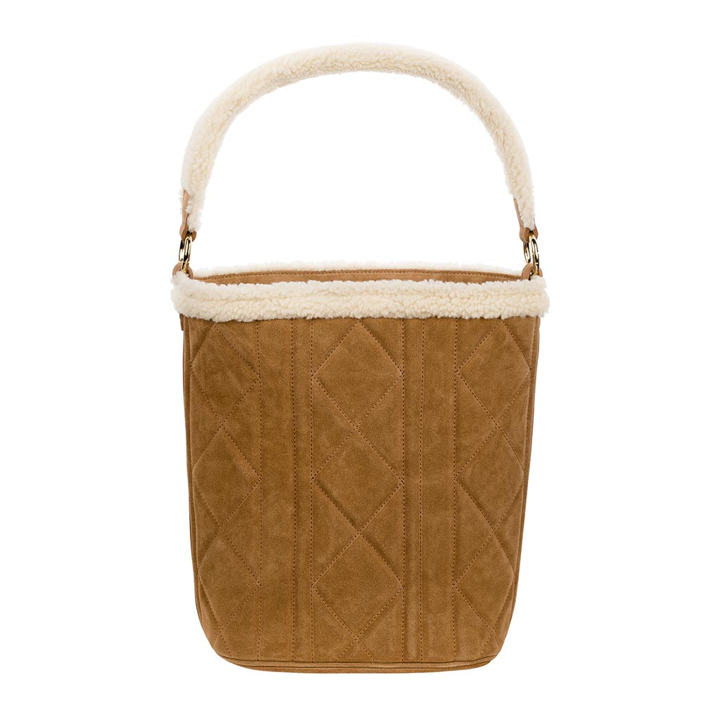 Cream and tan suede quilted handbag with faux shearling trim