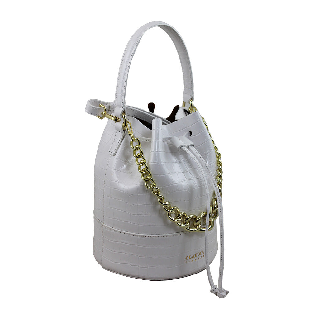 white leather bucket bag with gold chain strap