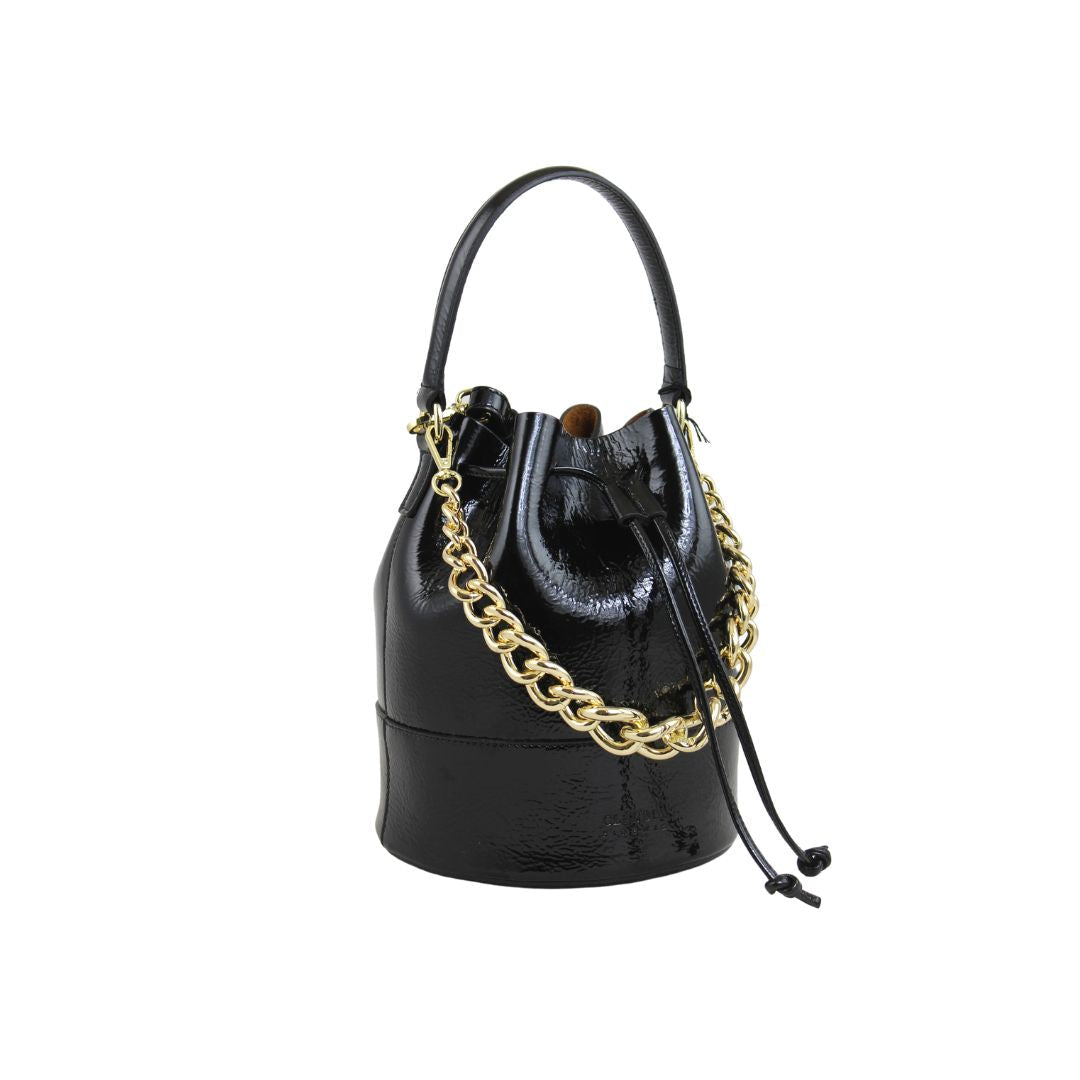 Black patent leather bucket bag with gold chain strap