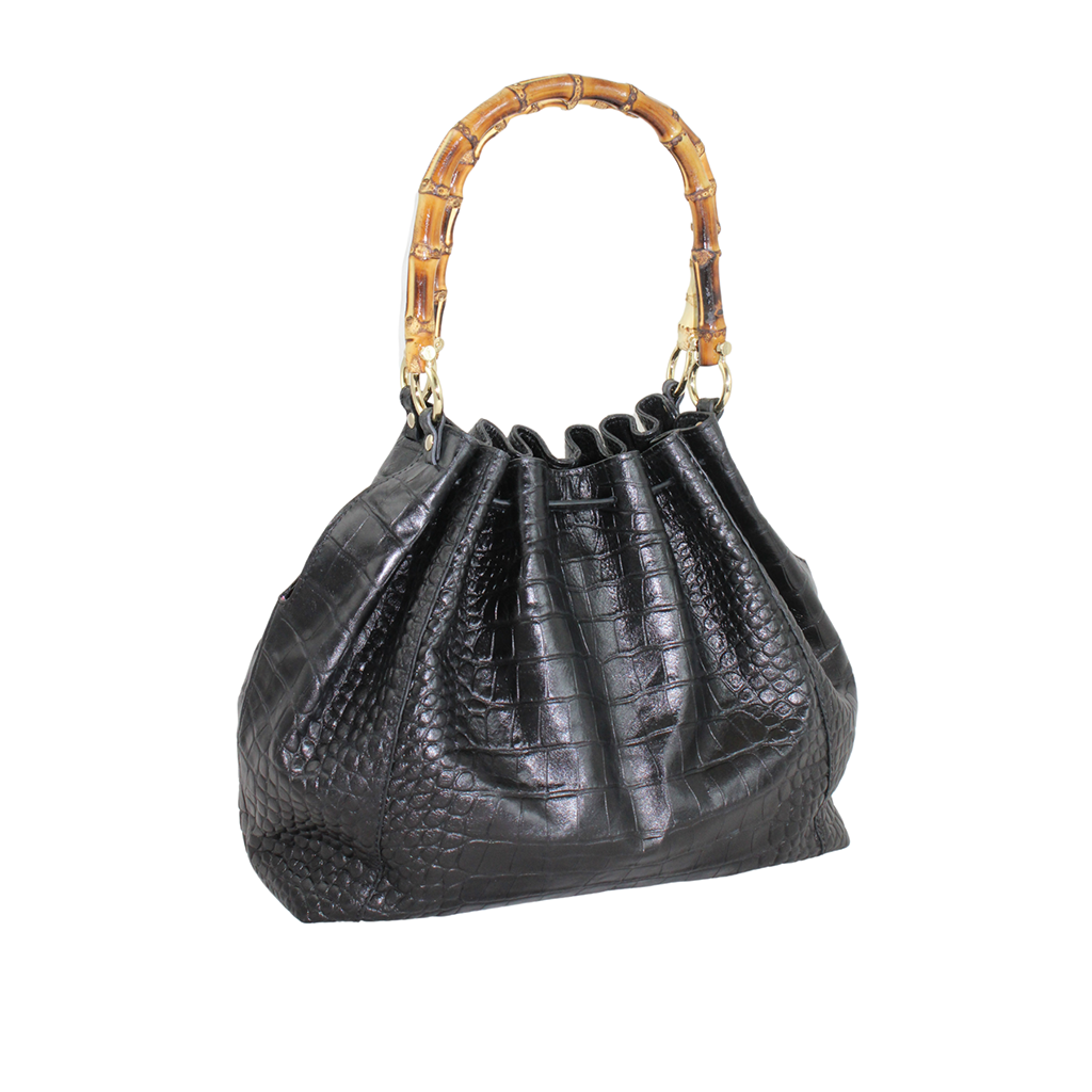 Black crocodile leather handbag with bamboo handle