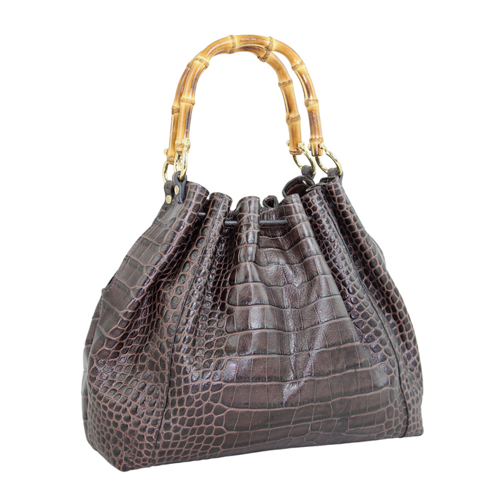 Luxury crocodile leather handbag with bamboo handle