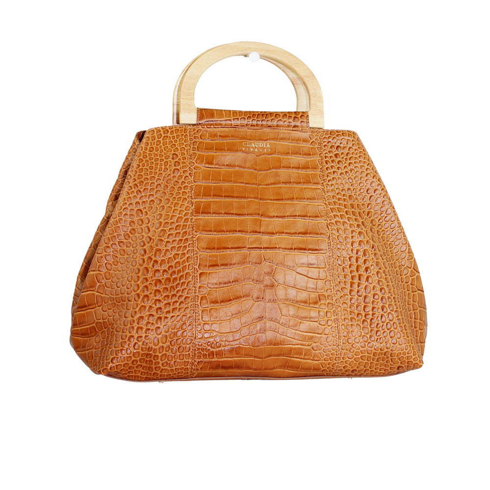 Brown crocodile leather handbag with wooden handles