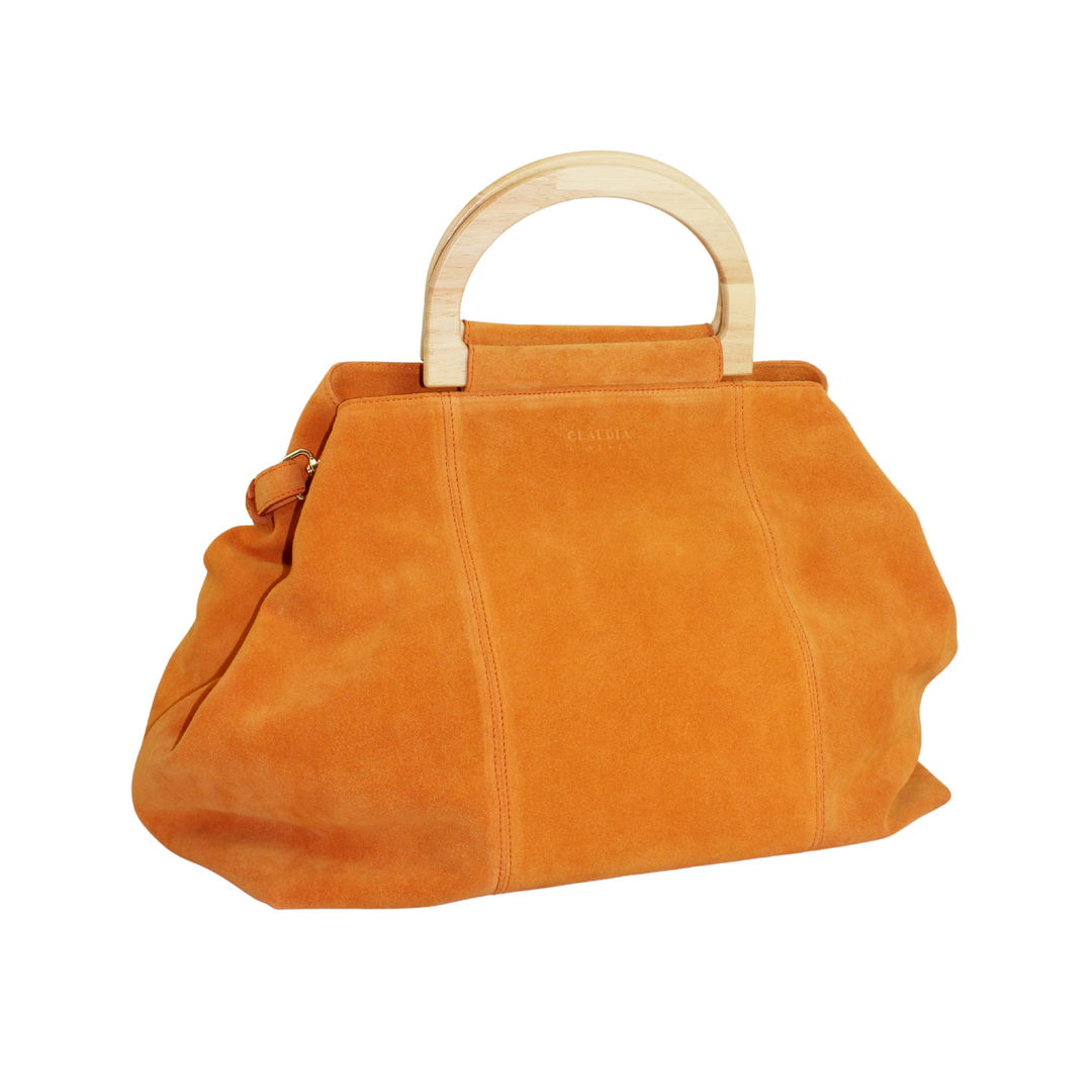 Orange suede handbag with wooden handles
