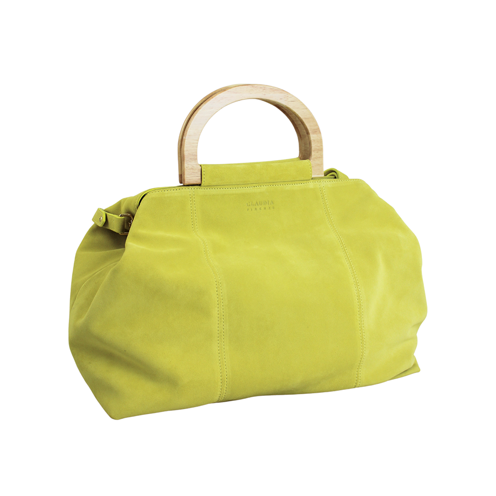 Yellow suede handbag with wooden handles