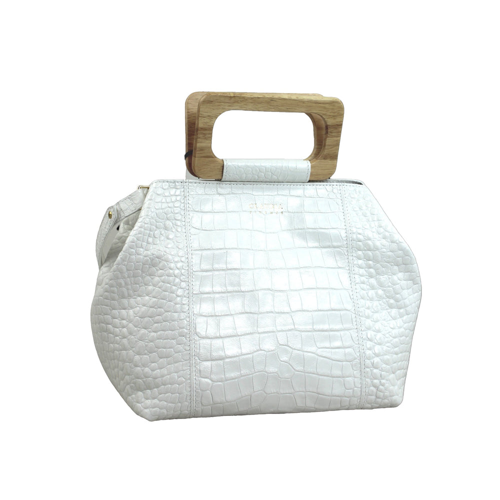 Elegant white crocodile-texture handbag with wooden handles