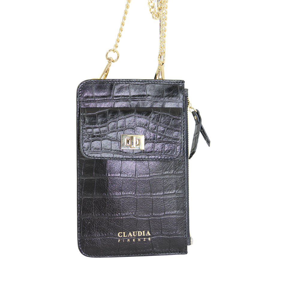 Black crocodile pattern leather crossbody bag with gold chain and clasp by Claudia Firenze