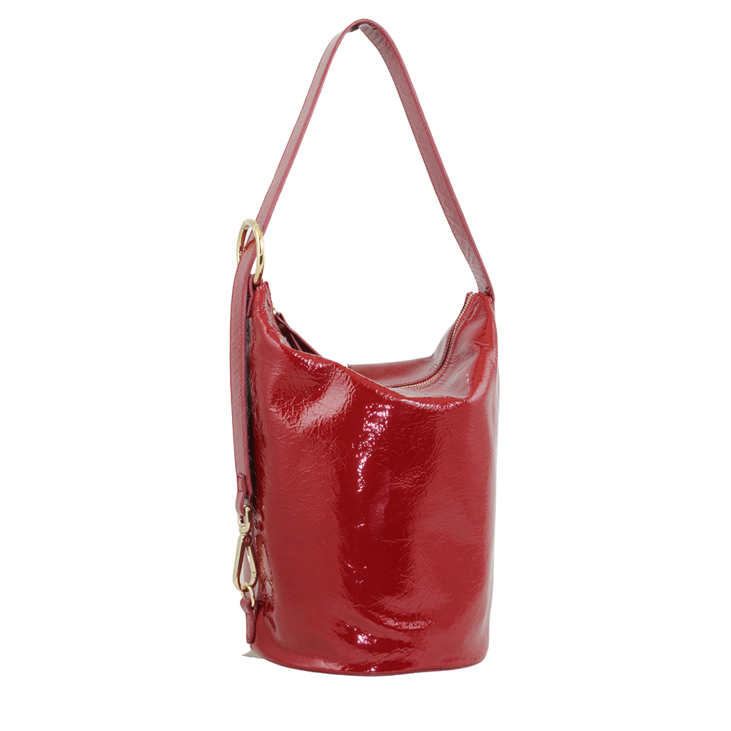 Shiny red leather bucket bag with shoulder strap