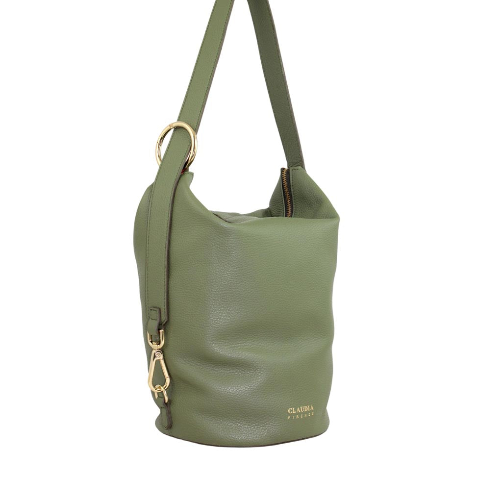 Green leather shoulder bag with gold hardware and adjustable strap