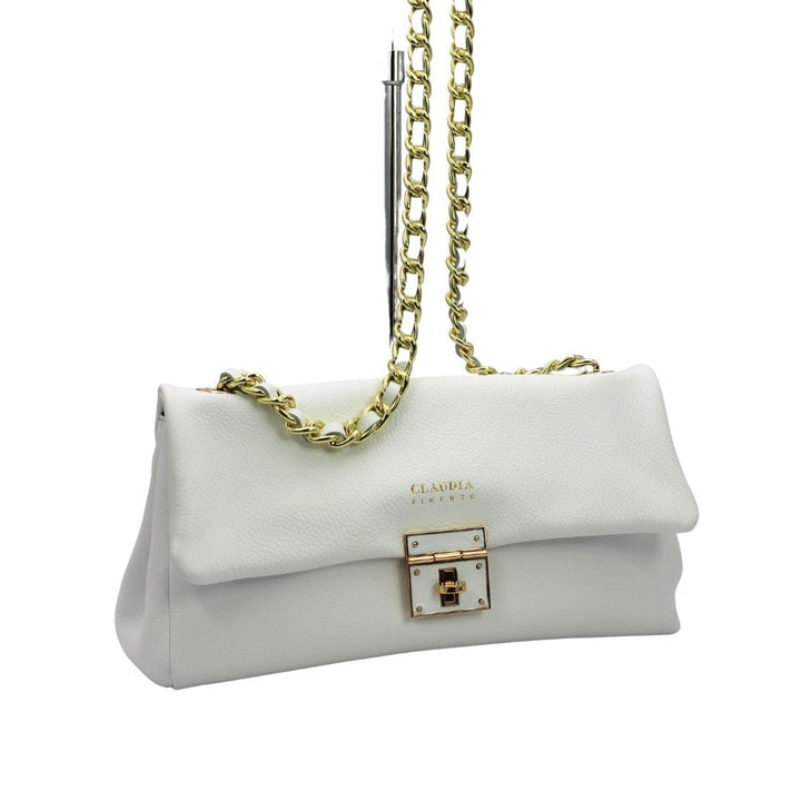 White leather handbag with gold chain strap and clasp