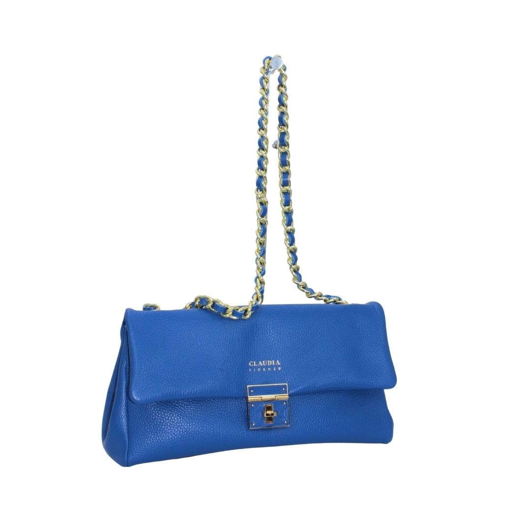 Blue leather handbag with gold chain strap and clasp closure