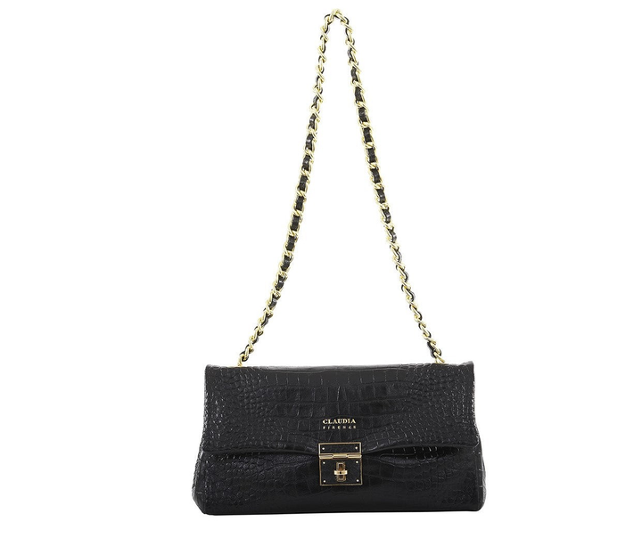 Elegant black leather handbag with gold chain strap and buckle closure