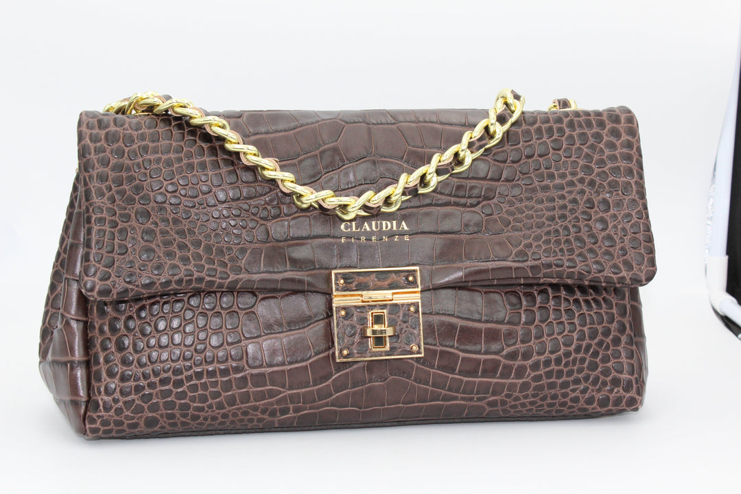 Brown crocodile pattern handbag with gold chain strap and clasp