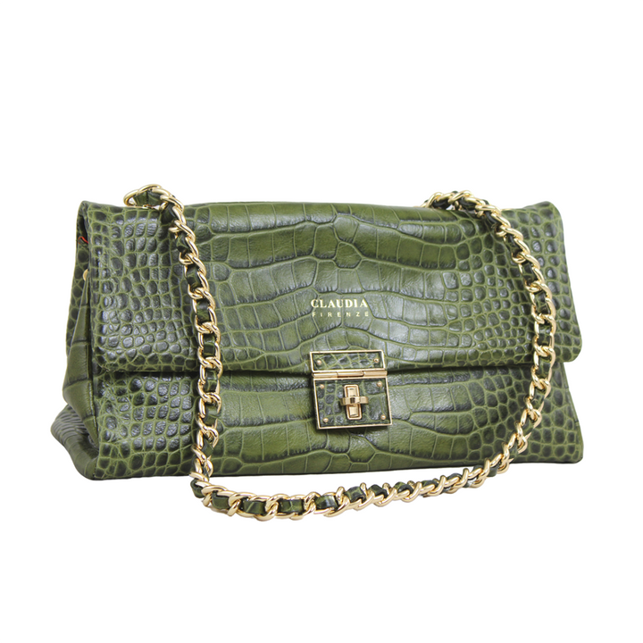 Green crocodile leather handbag with gold chain strap and clasp