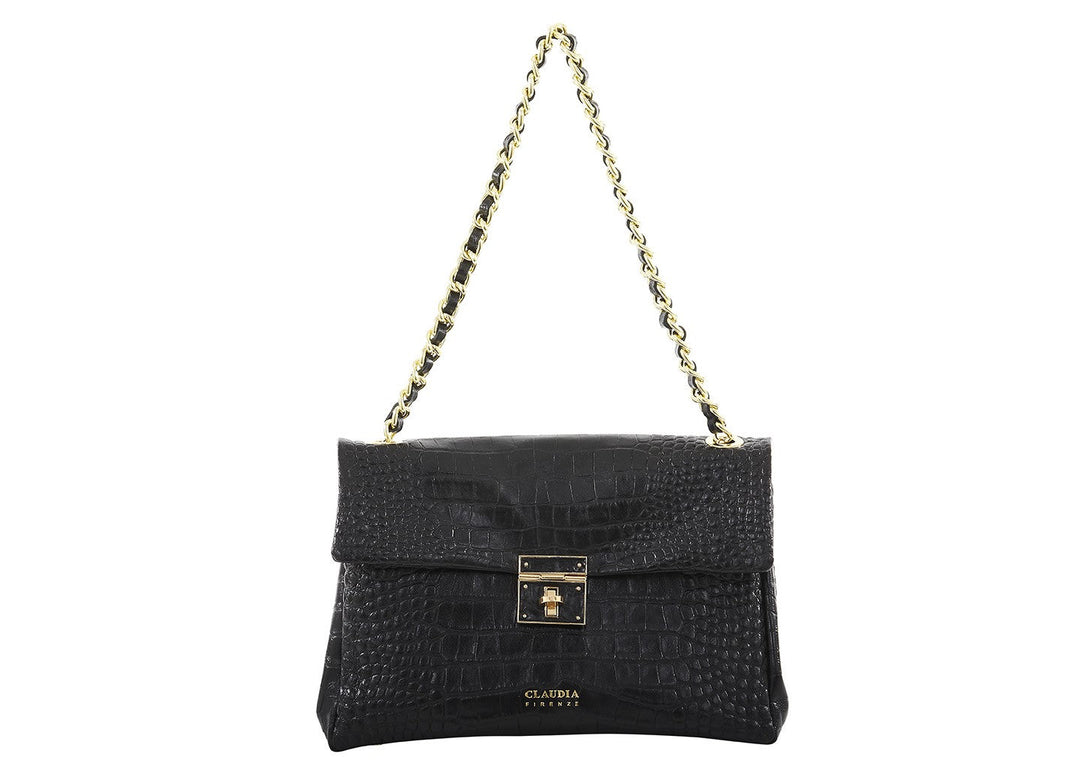 Black crocodile leather handbag with gold chain strap and clasp