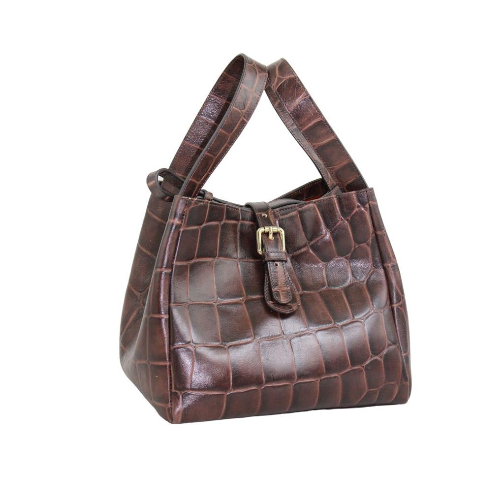 Brown crocodile leather handbag with buckle and shoulder straps