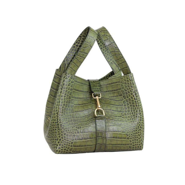 Green crocodile-embossed leather handbag with gold hardware and dual handles