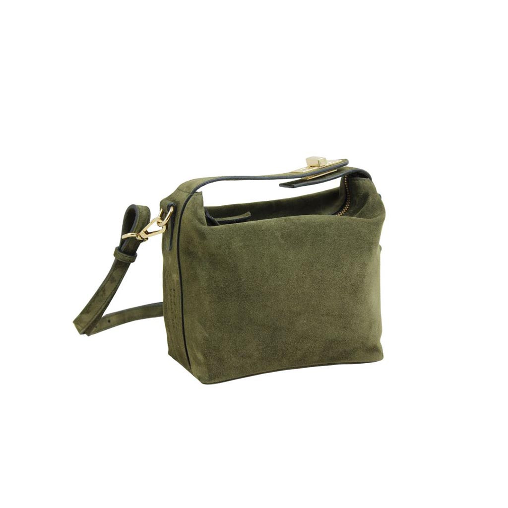 Olive green suede crossbody bag with adjustable strap and gold buckle