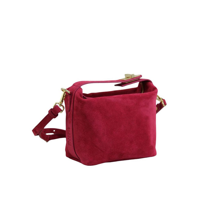 Red suede shoulder bag with gold accents and adjustable strap