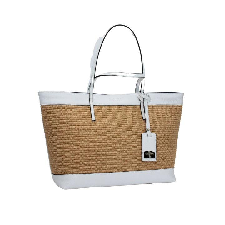 Straw tote bag with white leather accents and tag