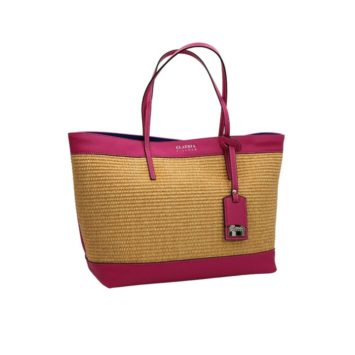 Straw tote bag with pink leather accents and handles