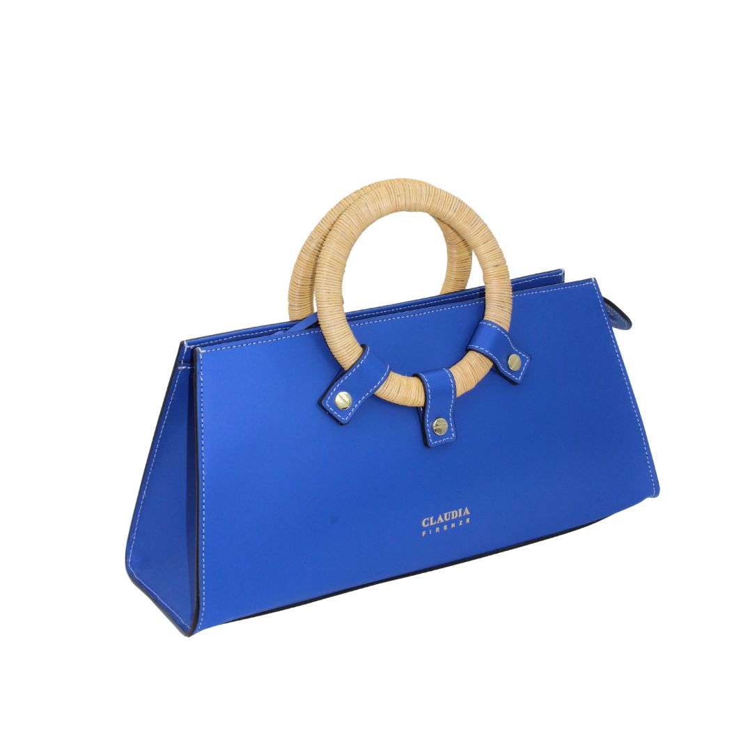 Blue handbag with woven circular handles