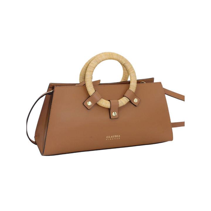 Brown leather handbag with circular rattan handles