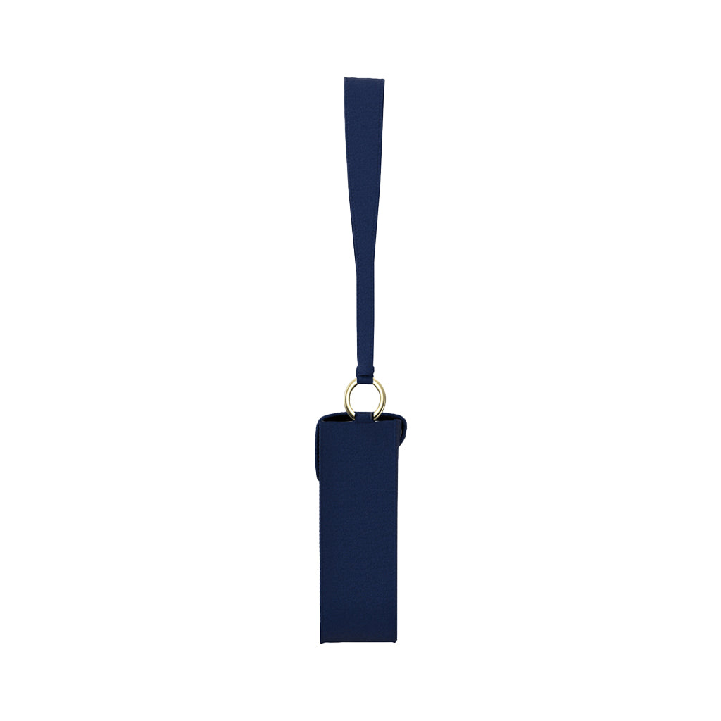 Blue fabric keychain with rectangular tag and wrist strap