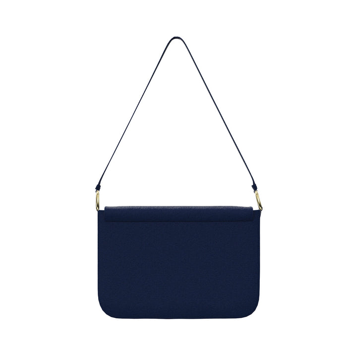 Navy blue rectangular shoulder bag with gold-tone hardware and a thin strap