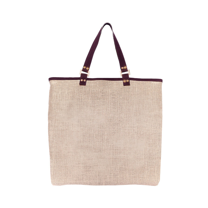 Beige linen tote bag with dark brown leather handles