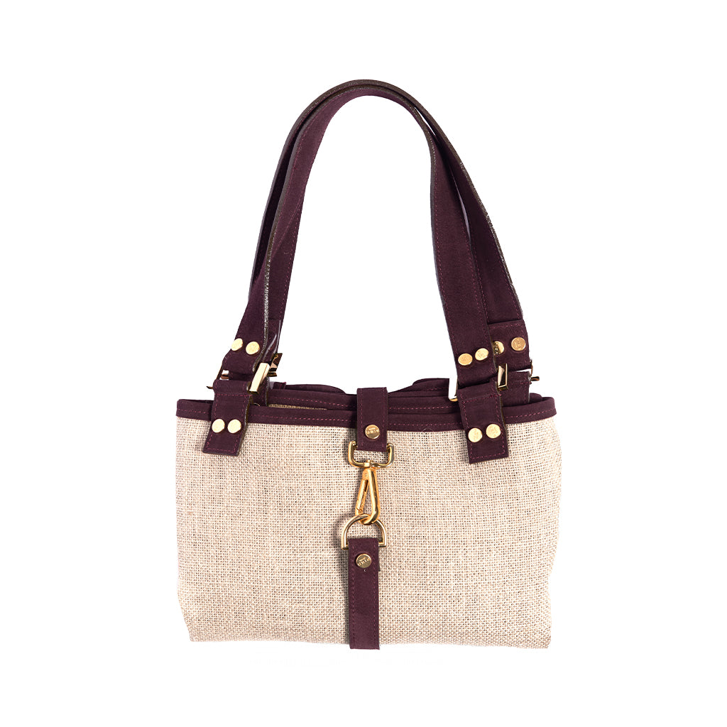 Cream and maroon handbag with gold hardware and double handles