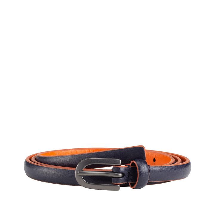 Elegant navy blue leather belt with orange interior and sleek buckle