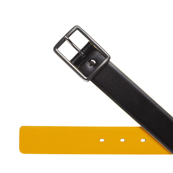 Black and yellow leather belt with metal buckle