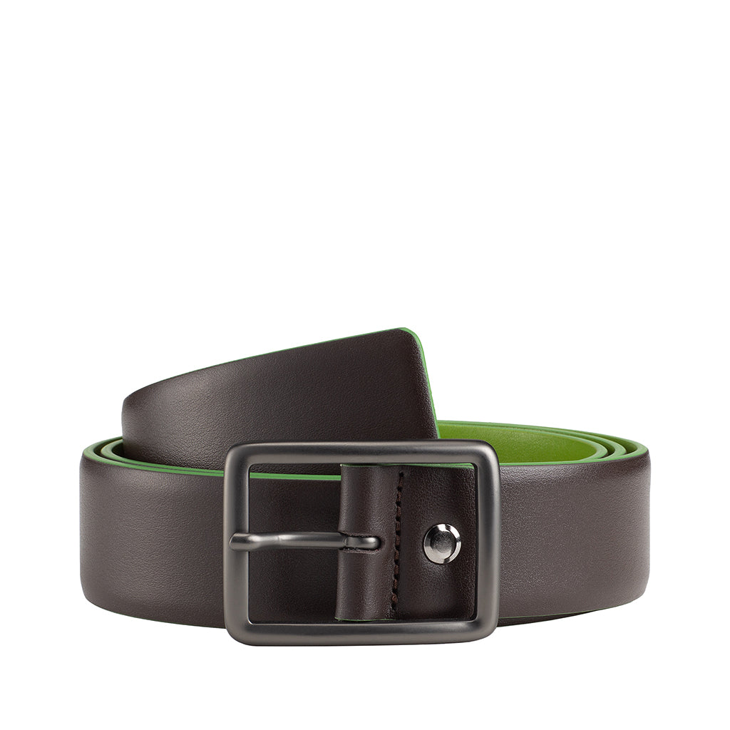 Brown leather belt with green interior and silver buckle