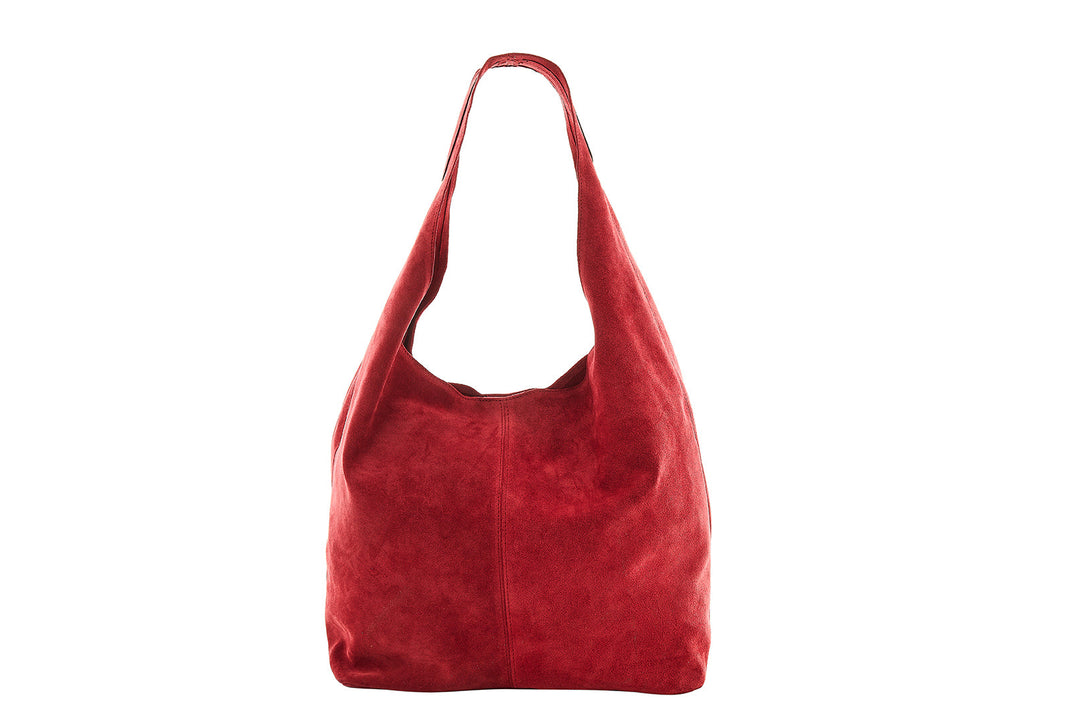 Red suede shoulder bag with spacious interior and single strap