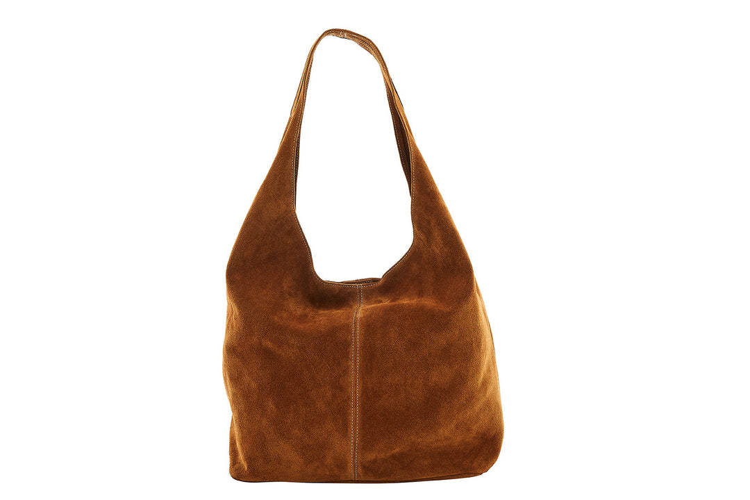 Brown suede tote bag with wide shoulder strap