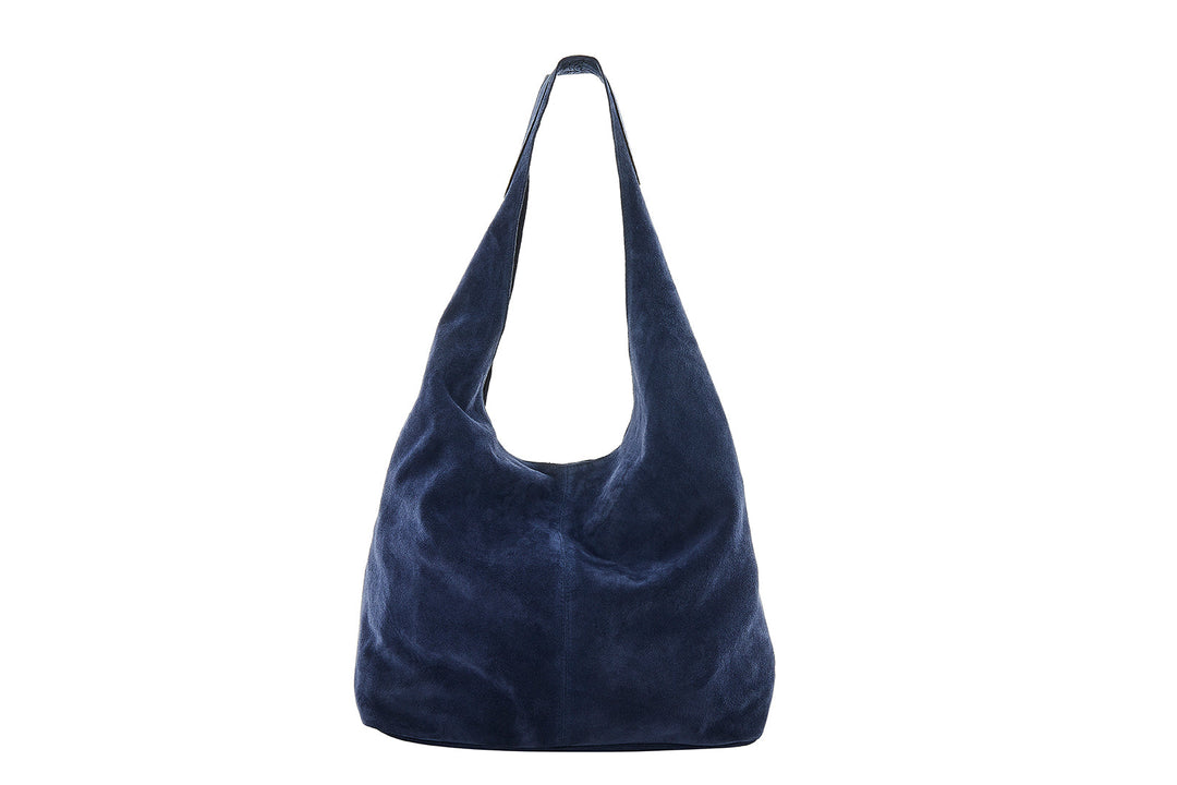 Dark blue suede hobo shoulder bag with wide strap