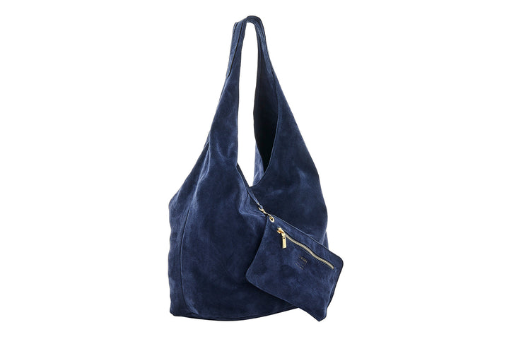 Navy blue suede tote bag with attached mini zippered pouch